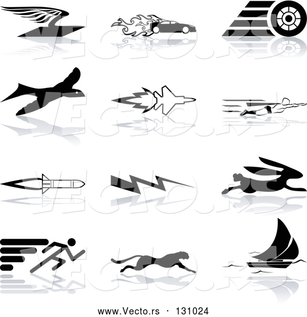 Vector of Flying Envelope, Race Car, Tire, Bird, Jet, Super Hero, Rocket, Lightning Bolt, Hare, Sprinter, Cheetah, and Sail Boat, over a White Background