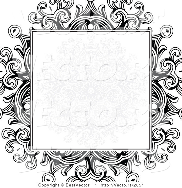 Vector of Formal Blank Copyspace Box over a Black Floral Design on White Background Border Design