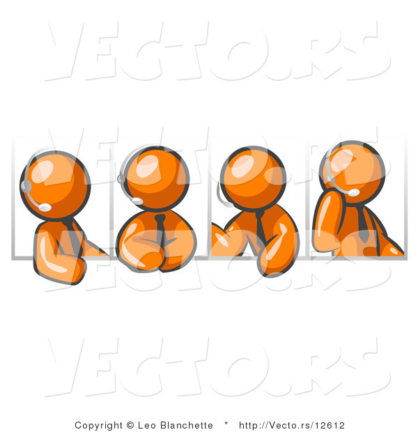 Vector of Four Different Orange Guys Wearing Headsets and Having a Discussion During a Phone Meeting