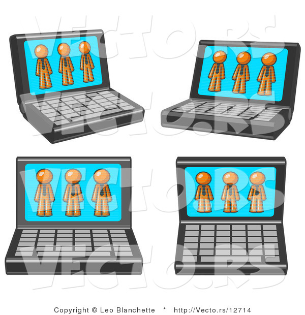 Vector of Four Laptop Computers with Three Orange Guys on Each Screen