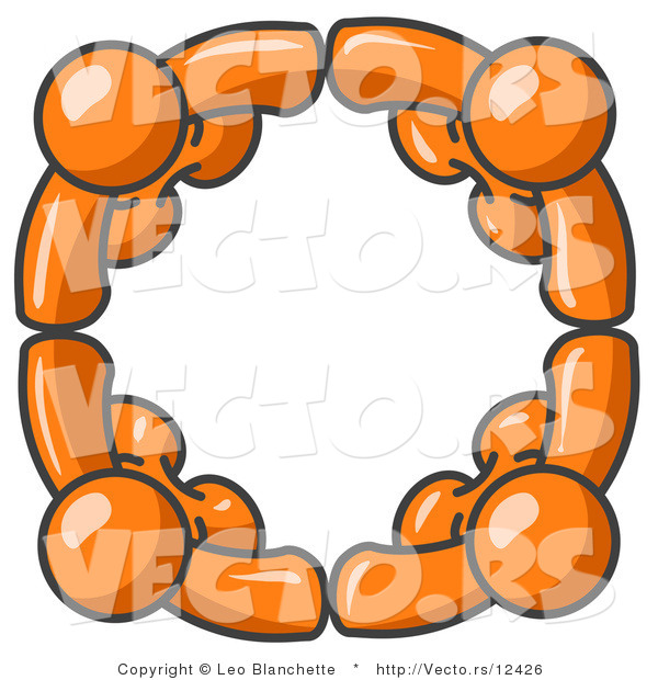Vector of Four Orange Characters Standing in a Circle and Holding Hands for Teamwork and Unity