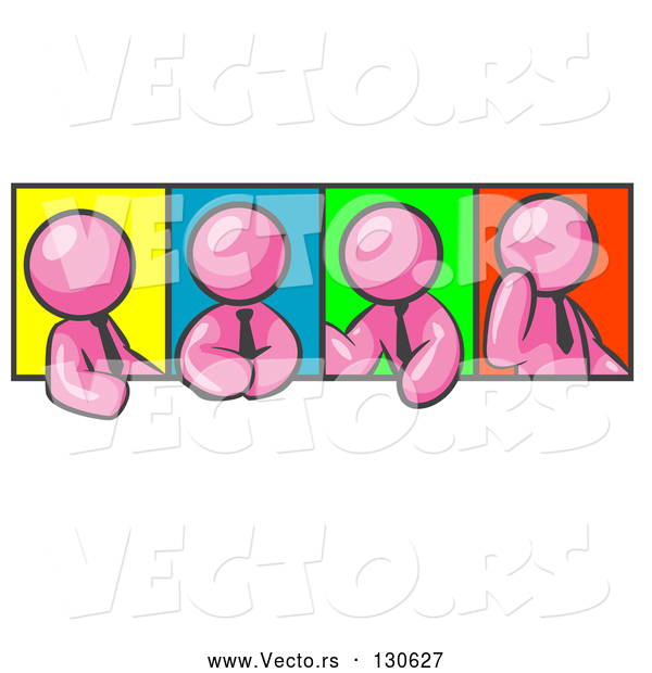 Vector of Four Pink Men in Different Poses Against Colorful Backgrounds, Perhaps During a Meeting