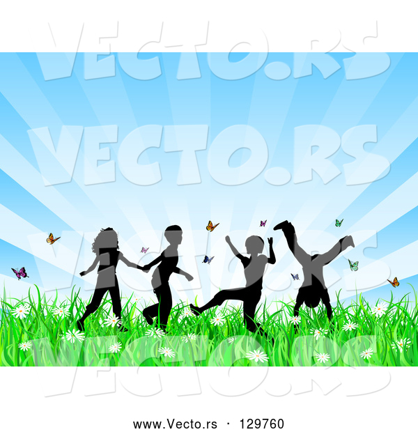 Vector of Four Silhouetted KChildren Running, Holding Hands and Doing Somersaults in a Field of Butterflies and Spring Flowers over a Bursting Blue Background
