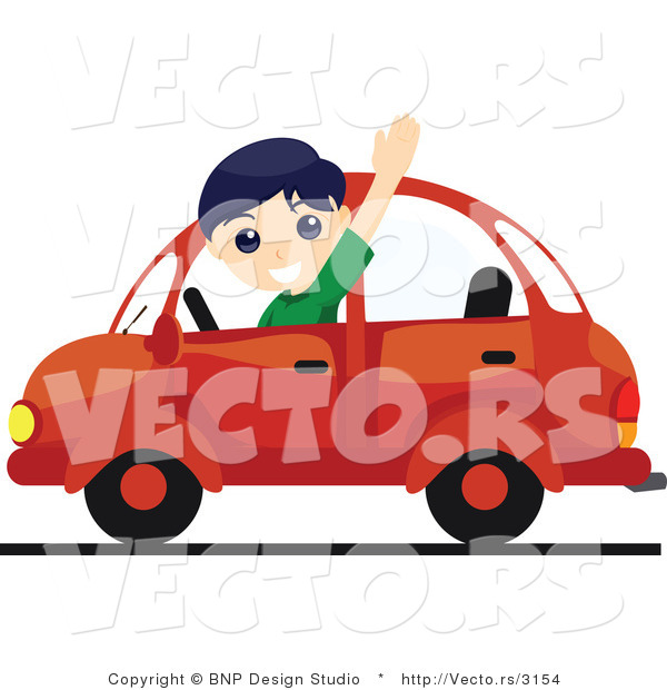 Vector of Friendly Boy Waving While Driving a Red Car