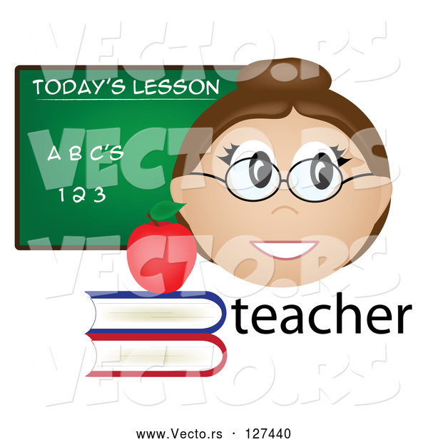 Vector of Friendly Female Caucasian Teacher with the Word, Books and Chalk Board