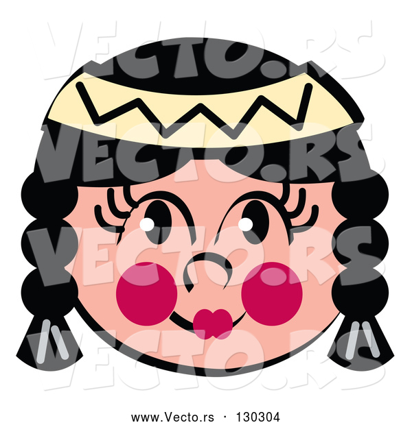 Vector of Friendly Native American Indian Girl's Face with Braids, Flushed Cheeks and a Headband