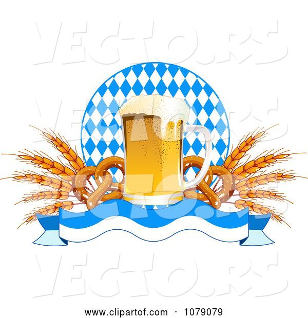 Vector of Frothy Oktoberfest Beer with Soft Pretzels and Wheat over a Banner and Diamonds