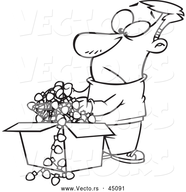 Vector of Frusterated Man with Tangled Christmas Lights - Outlined Version
