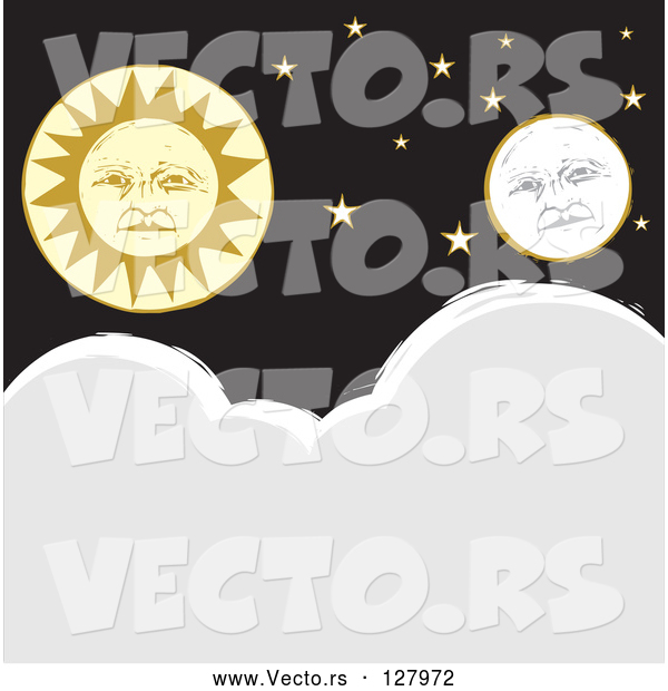 Vector of Full Moon and Sun Faces with Stars over Clouds