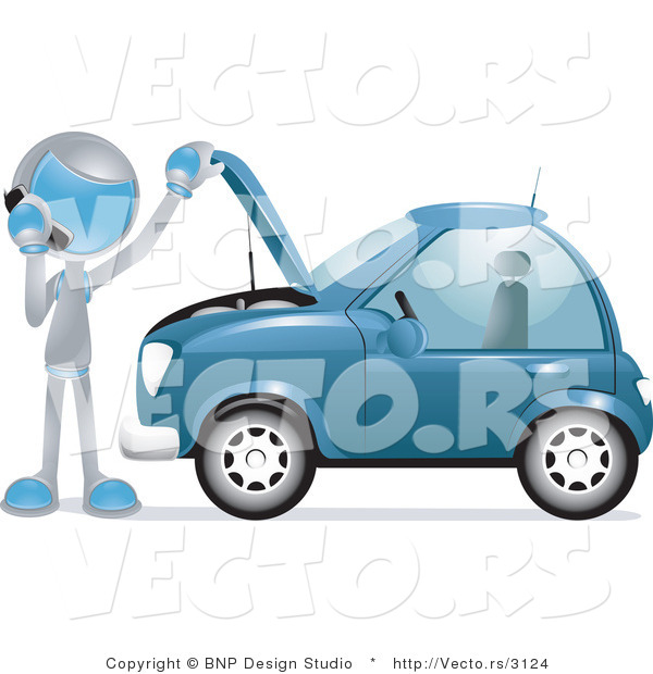 Vector of Futuristic Character Calling a Towing Company by a Broken down Car