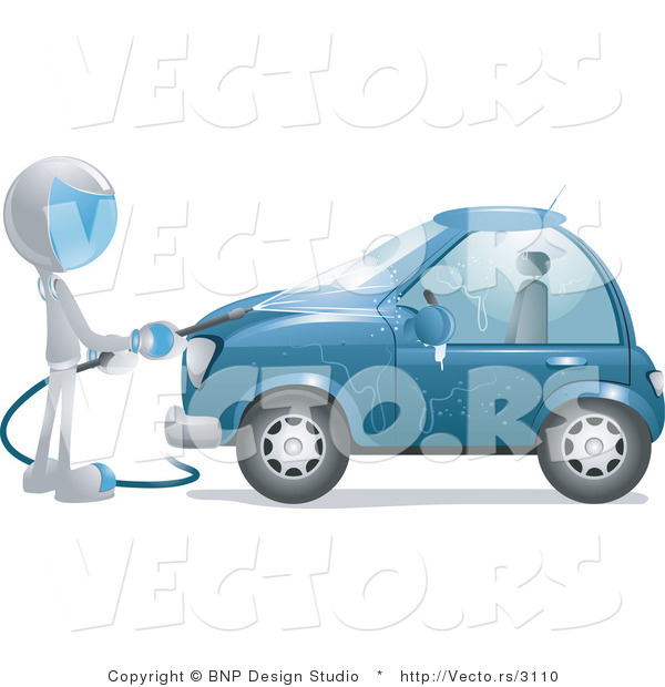 Vector of Futuristic Character Washing Blue Car