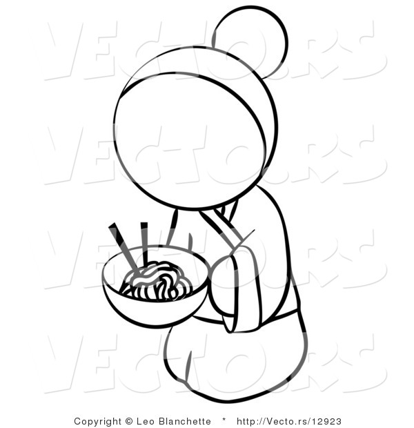 Vector of Geisha Woman Eating Noodles - Coloring Page Outlined Art