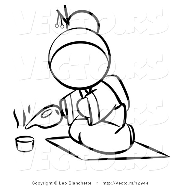 Vector of Geisha Woman Pouring Tea - Coloring Page Outlined Art