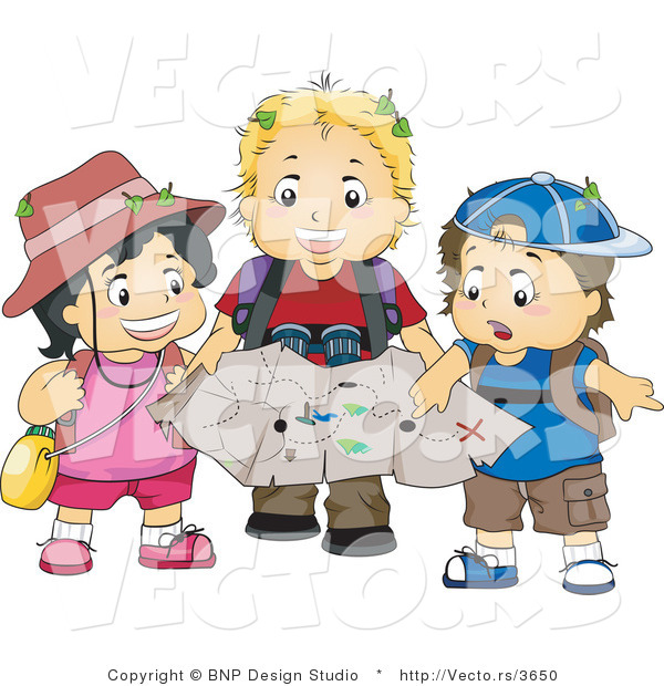 Vector of Girl and 2 Boys Exploring Outdoors with a Map