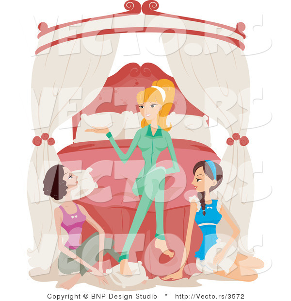 Vector of Girl and Two Brunette Friends Talking at a Sleepover