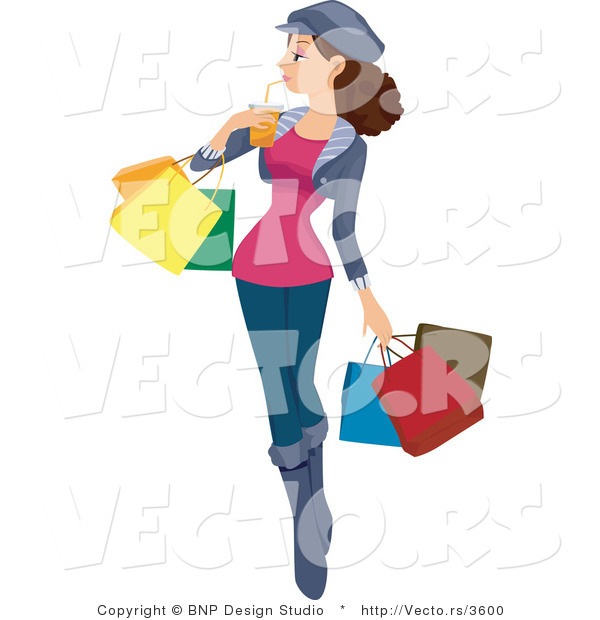 Vector of Girl Drinking Beverage While Carrying Shopping Bags