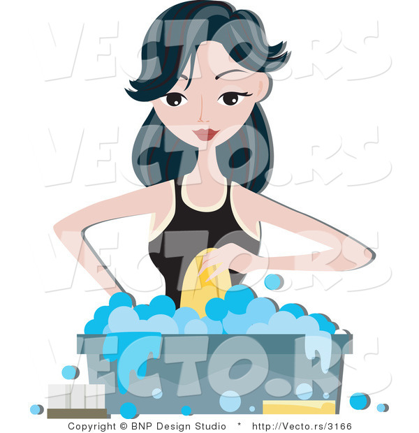 Vector of Girl Hand Washing Clothes in a Bin