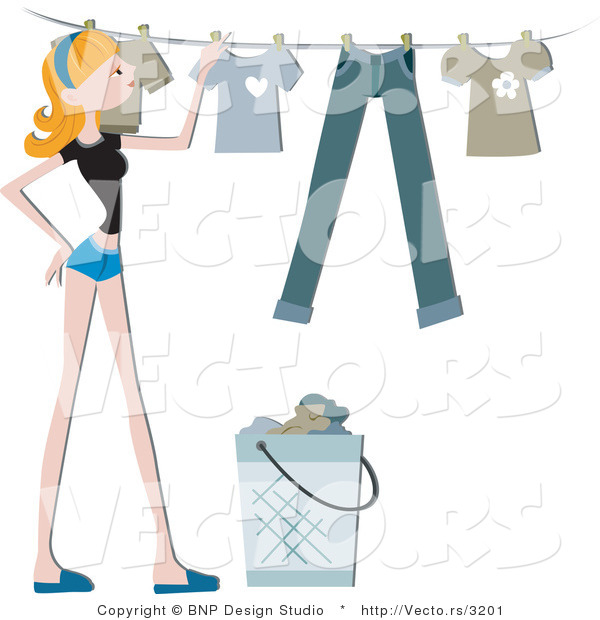 Vector of Girl Hanging Clean Laundry on a Clothes Line