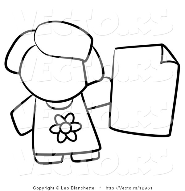 Vector of Girl Holding a Blank Paper - Coloring Page Outlined Art