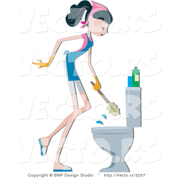 Vector of Girl Scrubbing Dirty Toilet on Cleaning Day