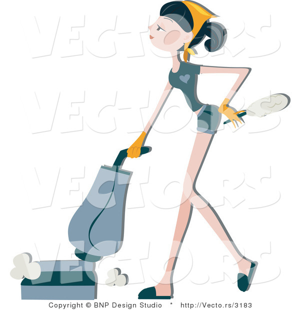 Vector of Girl Vacuuming Floor While Holding Duster
