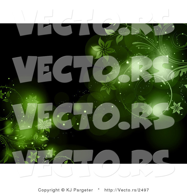 Vector of Glowing Green Floral Vines over Black Background