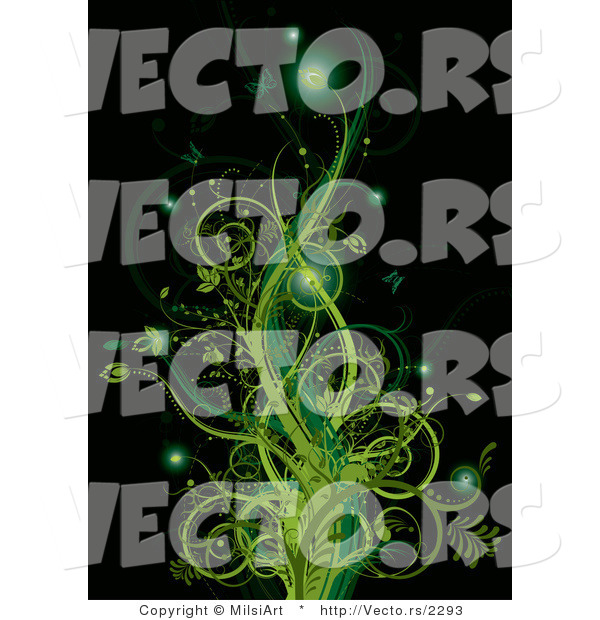 Vector of Glowing Green Floral Vines with Butterflies Against Black Background Design