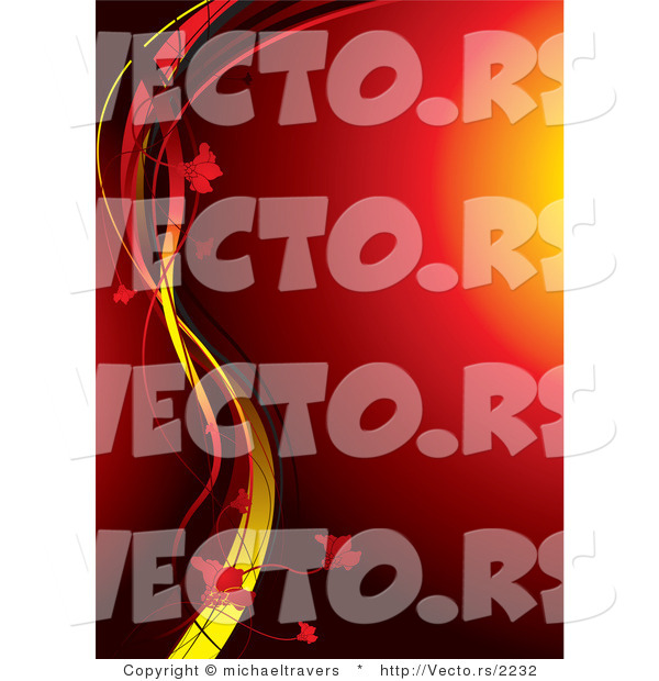 Vector of Glowing Red Orb Background with Yellow Vines and Flowers