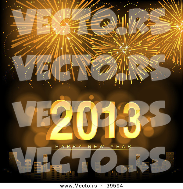 Vector of Golden Fireworks Exploding over a City with Happy New Year 2013 Text Centered