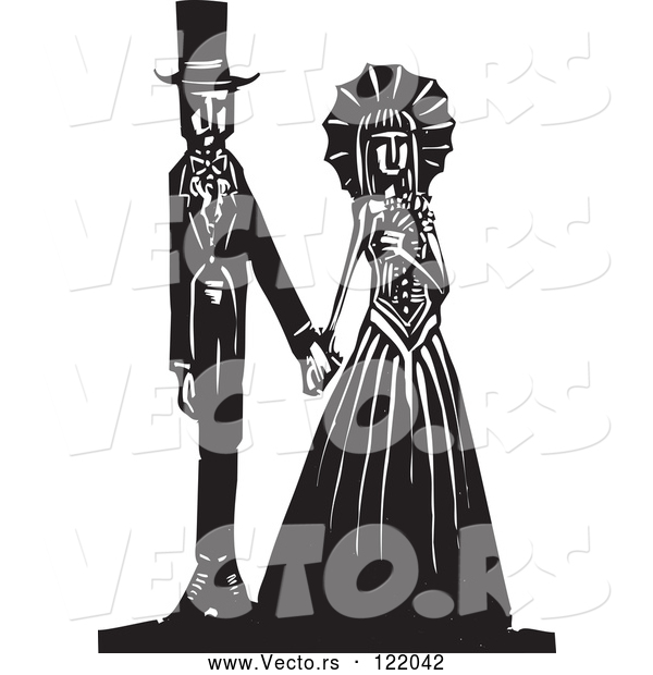 Vector of Gothic Wedding Couple Holding Hands Black and White Woodcut 1