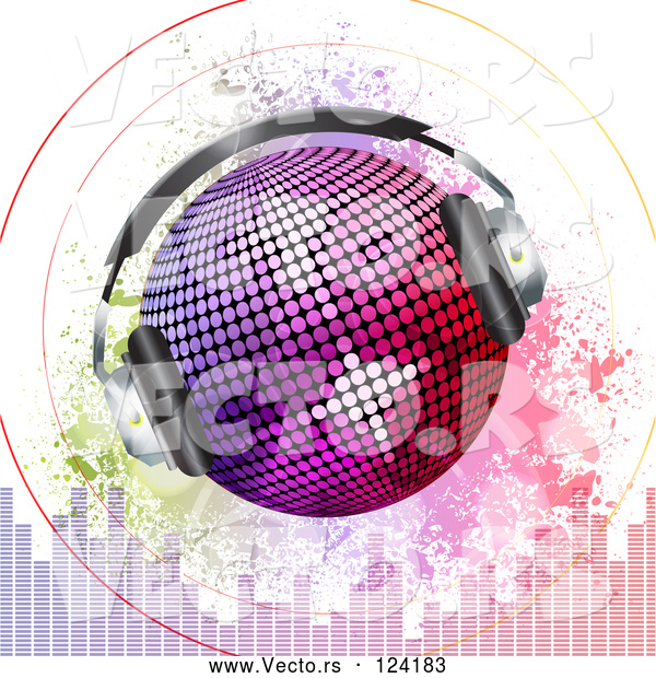 Vector of Gradient Disco Ball with Headphones Sound Signals Grunge and Equalizer Bars