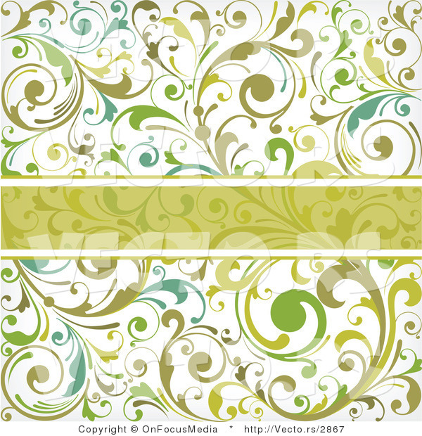 Vector of Green Copyspace Bar over Floral Vines Pattern and off White Background