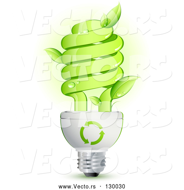 Vector of Green Energy Efficient Lightbulb with Leaves Sprouting from the Glass and Green Arrows Above the Spiral