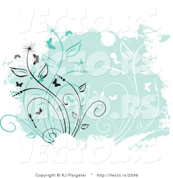 Vector of Green Floral Vines Grunge Background with Vines and Butterflies