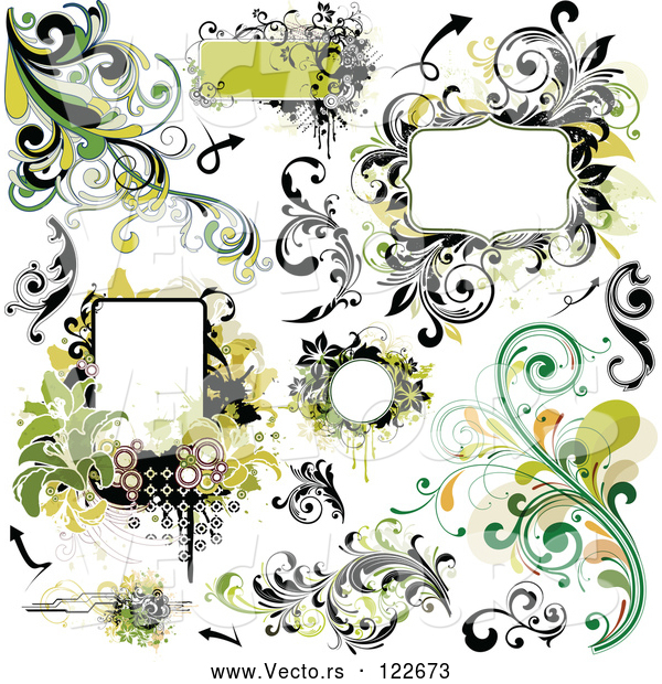Vector of Green Grungy Design Elements Frames and Flourishes