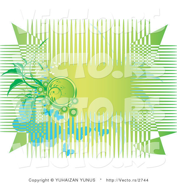 Vector of Green Horizontal Background with Lines, Vines and Butterflies