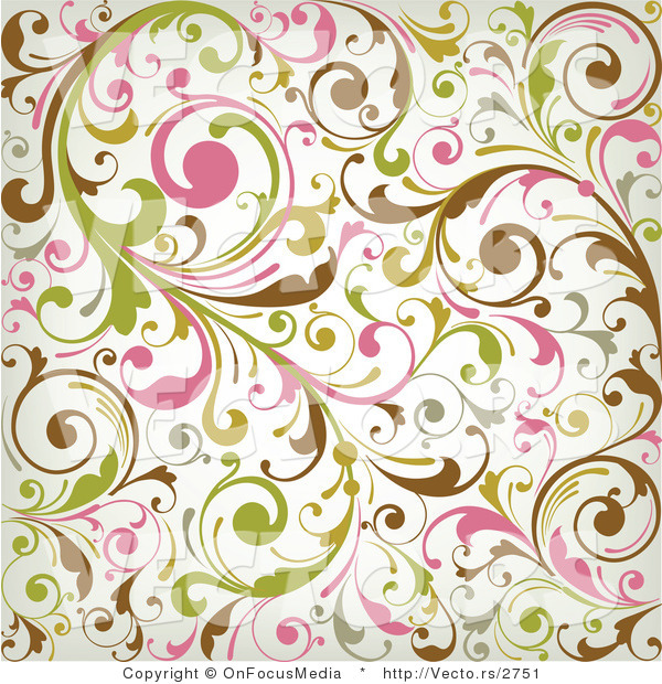 Vector of Green, Pink, Brown Leafy Vines Background Pattern Design