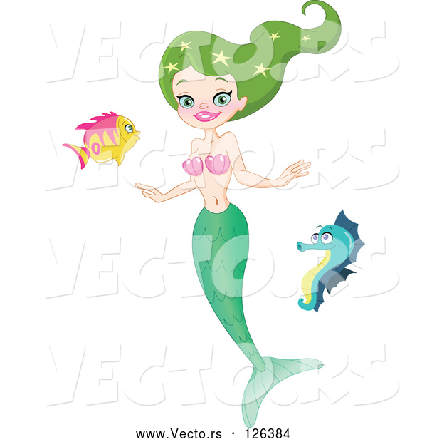 Vector of Green Themed Mermaid Swimming with a Seahorse and Fish