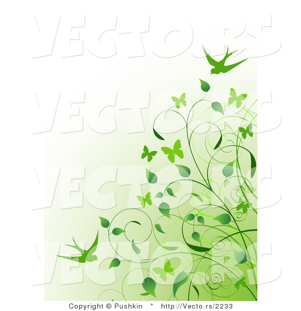 Vector of Green Vines and Swallows over Gradient Green to White Background
