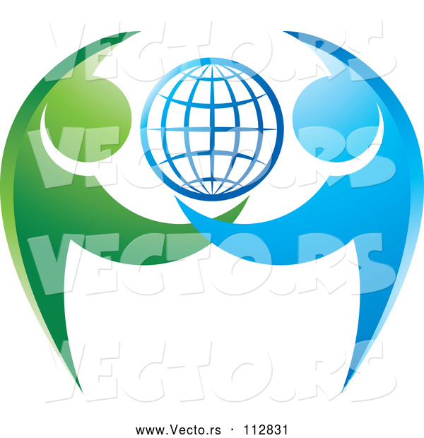 Vector of Grid Globe with Blue and Green Dancing or Protective People