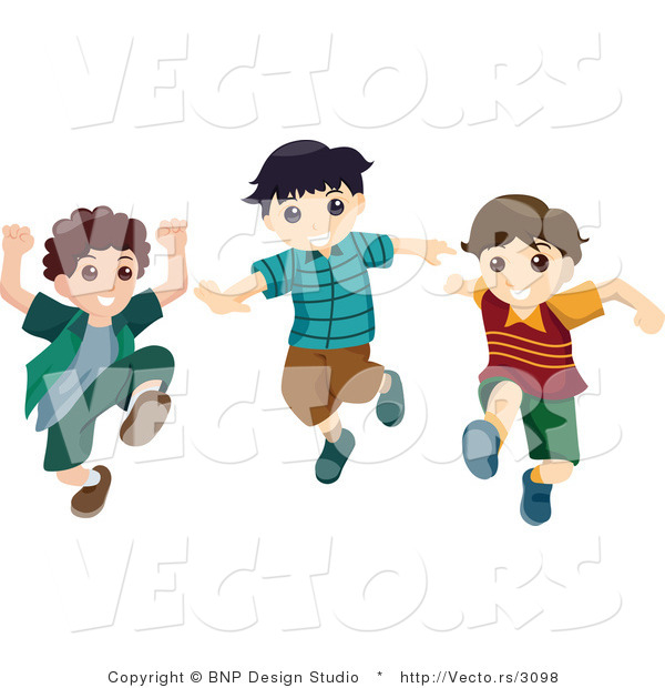 Vector of Group of 3 Happy Boys Running and Jumping
