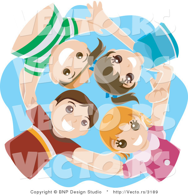 Vector of Group of 4 Happy Kids Huddling in a Circle and Looking down