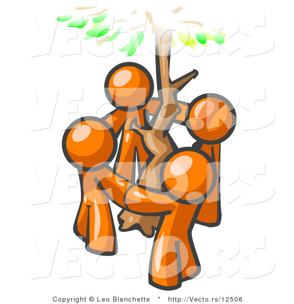 Vector of Group of 4 Orange Guy Standing in a Circle Around a Tree