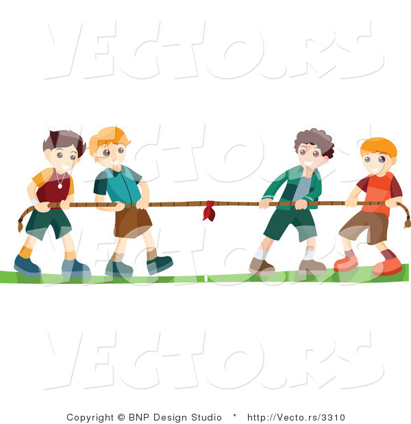 Vector of Group of 4 Young Boys Playing Tug of War Game
