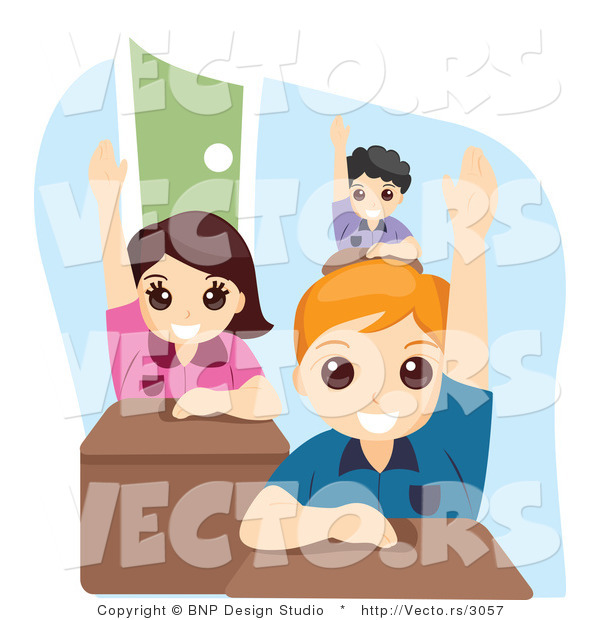 Vector of Group of Educated School Kids Raising Their Hands in Class
