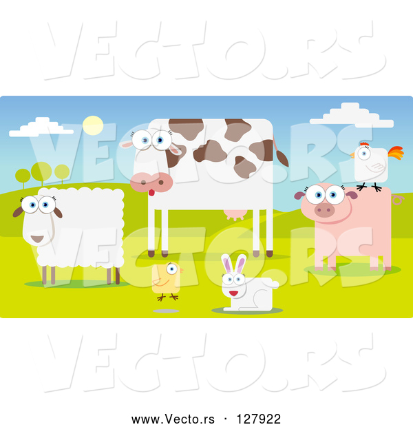 Vector of Group of Farm Animals in a Pasture; Sheep, Cow, Chicken, Rabbit, Pig and Rooster