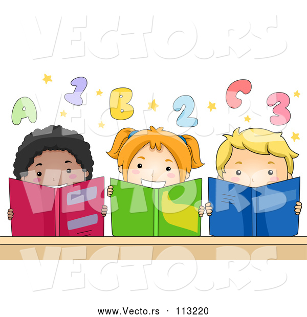 Vector of Group of Happy KChildren Reading Books Under Numbers and Alphabet Letters