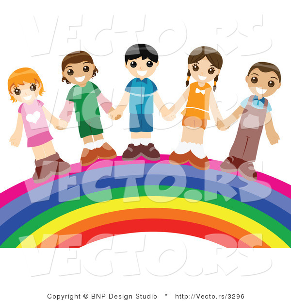 Vector of Group of Happy Kids Holding Hands While Standing over a Rainbow