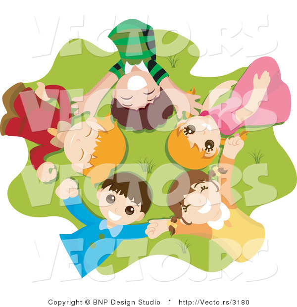 Vector of Group of Happy Kids Laying in a Circle on Grass