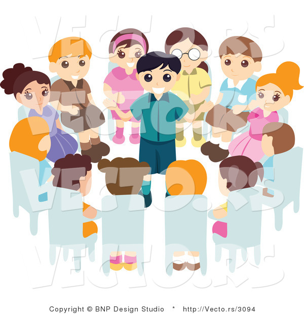 Vector of Group of Kids Sitting in a Circle Around a Boy Giving a Speach